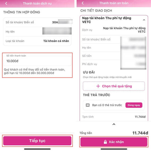Nhập số tiền nạp và xác nhận