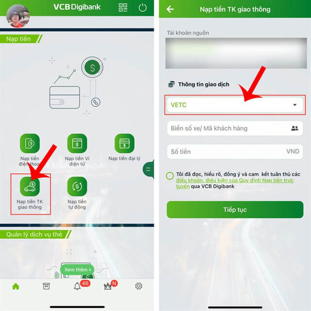 Ấn vào mục Nạp tiền TK Giao thông > Chọn loại dịch vụ VETC