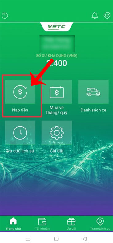 Ấn vào mục Nạp tiền