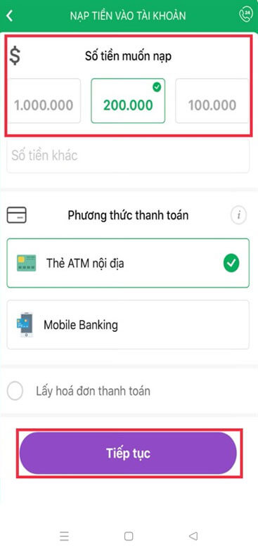 Chọn phương thức thanh toán và số tiền cần nạp