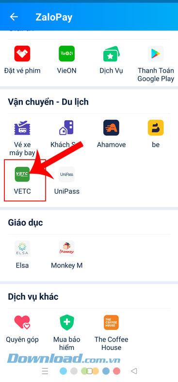Nhấn vào mục VETC