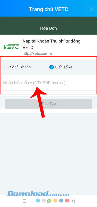 Nhập số tài khoản VETC