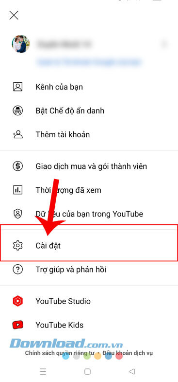 Chạm vào mục Cài đặt
