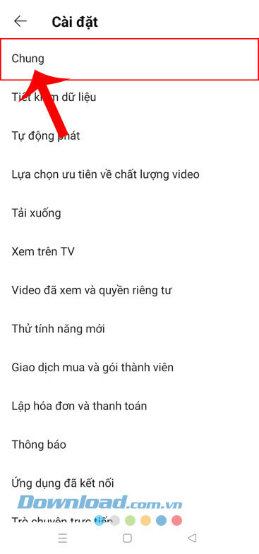 Nhấn vào mục Chung