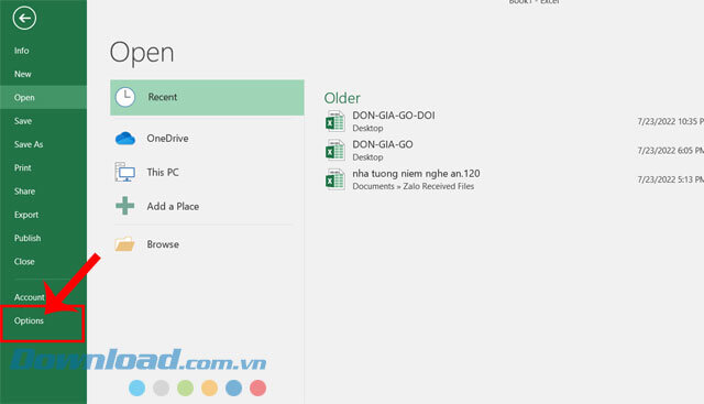 Click chuột vào mục Options