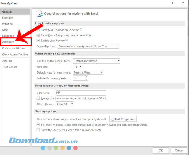Nhấn vào mục Advanced