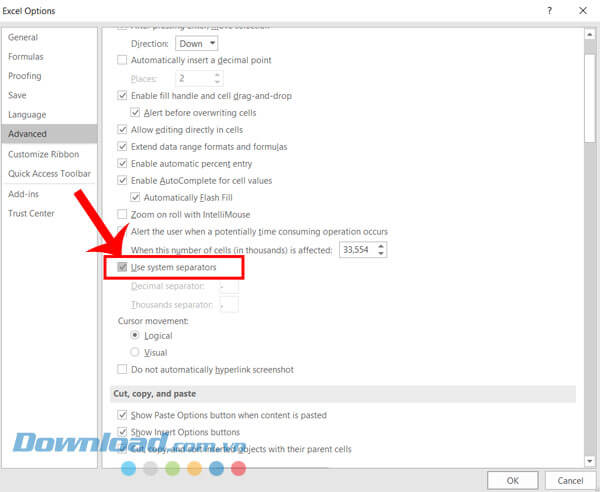 Bỏ dấu tick tại mục Use system separator