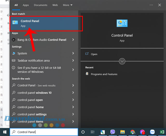 Tìm kiếm và nhấn vào mục Control Panel