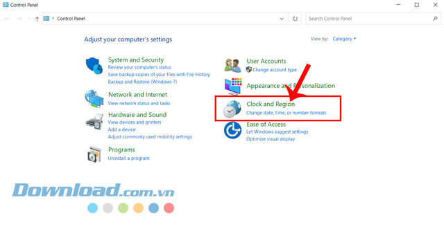 Nhấp chuột vào mục Clock and Region