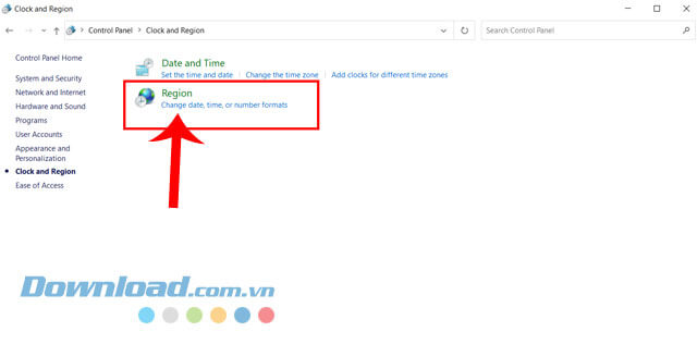 Click chuột vào mục Region