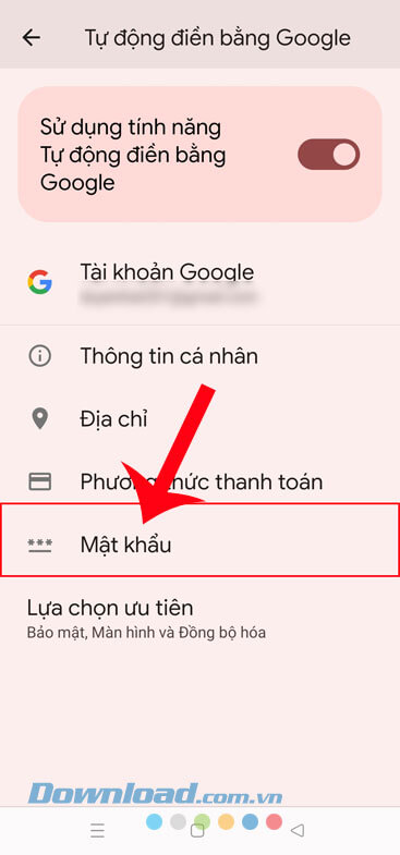 Nhấn vào mục Mật khẩu
