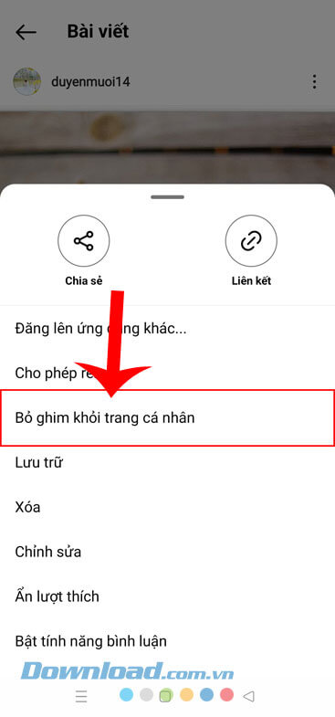 Nhấn vào mục Bỏ ghim khỏi trang cá nhân