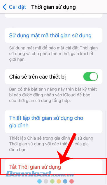 Chạm vào mục Tắt thời gian sử dụng