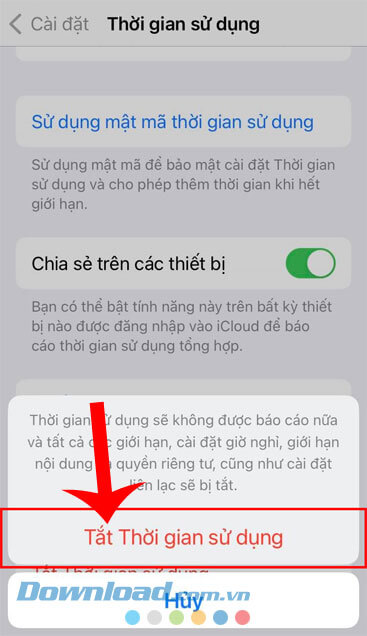Tiếp tục ấn vào nút Tắt thời gian sử dụng
