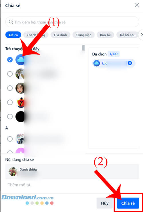 Chia sẻ danh bạ đến bạn bè khác