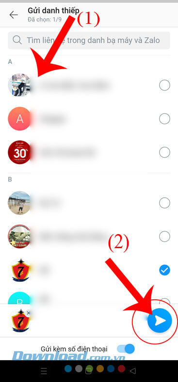 Chọn liên lạc muốn gửi đi
