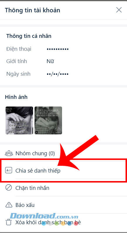 Nhấp chuột vào mục Chia sẻ danh thiếp