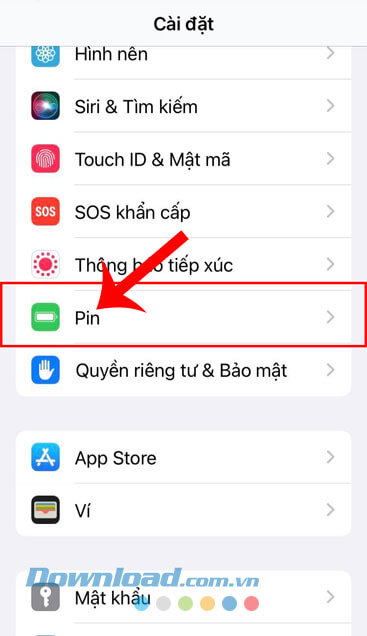Nhấn vào mục Pin