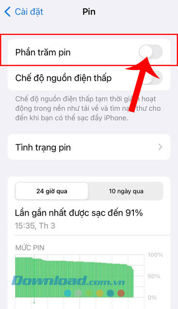 Bật công tắc tại mục Phần trăm pin