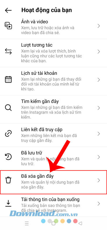 Nhấn vào mục Đã xóa gần đây