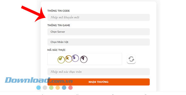 Nhập mã code, máy chủ, nhân vật > Click chuột vào nút Nhận thưởng