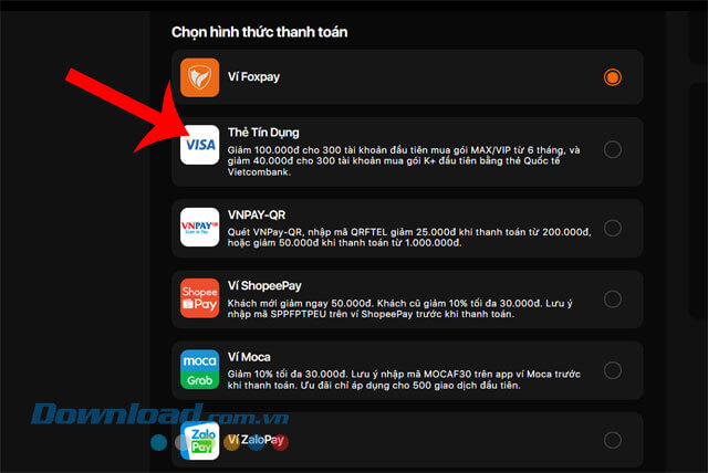 Nhấn vào phương thức thanh toán