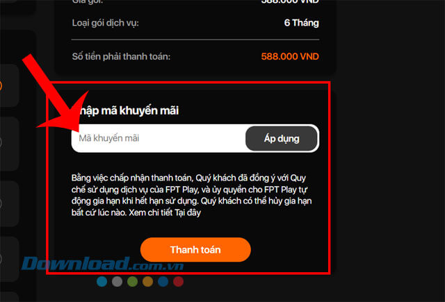 Nhập mã khuyến mại và click chuột vào nút Thanh toán