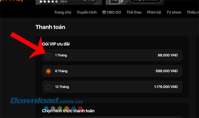 Chọn thời gian đăng ký gói cước