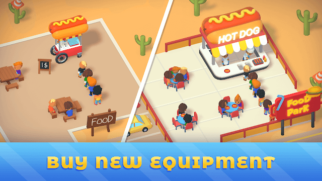 Mua các trang thiết bị mới để mở rộng cơ sở kinh doanh thực phẩm của bạn trong Idle Food Park Tycoon