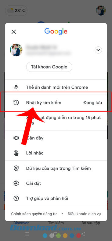 Nhấn vào mục Nhật ký tìm kiếm