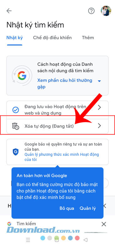 Chạm vào mục Xóa tự động (đăng tắt)
