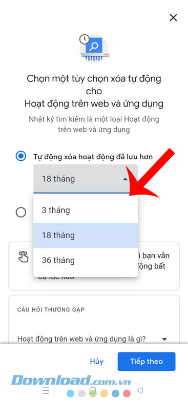 Chọn thời gian thiết lập xóa tự động tìm kiếm
