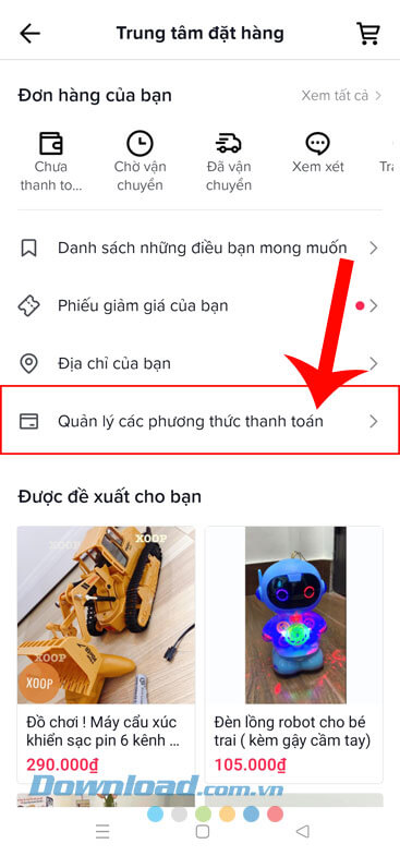 Ấn vào mục Quản lý các phương thức thanh toán