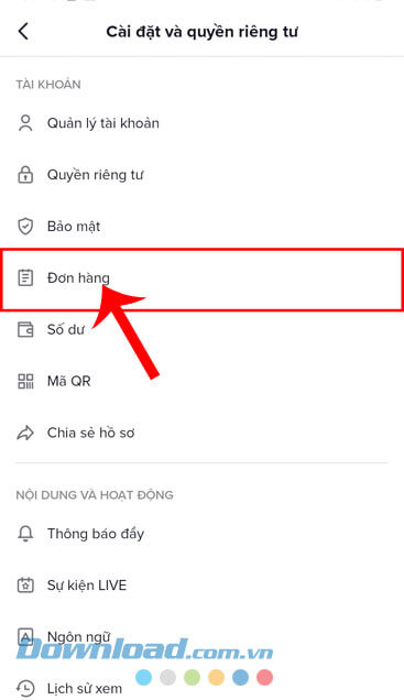 Nhấn vào mục Đơn hàng