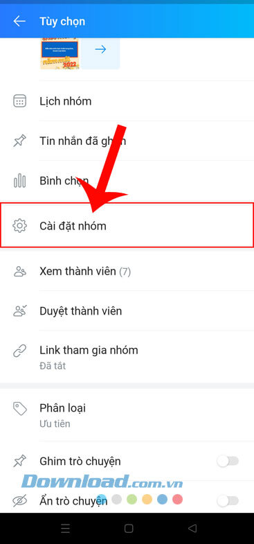 Ấn vào mục Cài đặt nhóm