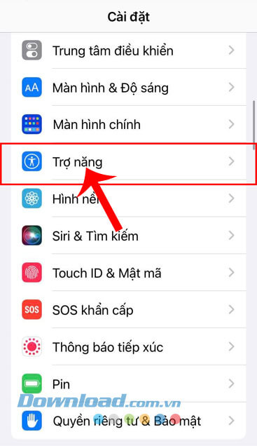 Nhấn vào mục Trợ năng