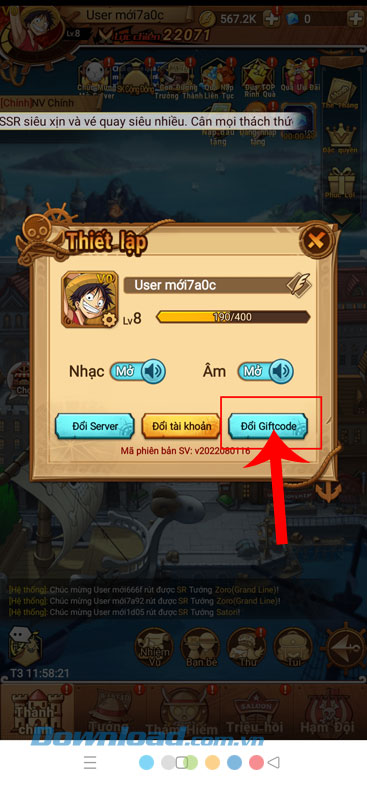 Ấn vào nút Đổi Giftcode