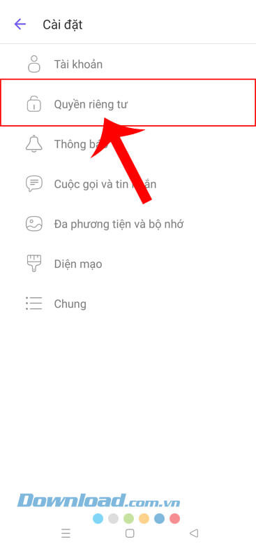 Chạm vào mục Quyền riêng tư