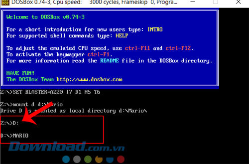 Gõ lệnh “D:” > Ấn nút Enter > Nhập thêm lệnh “MARIO” > Bấm vào nút Enter