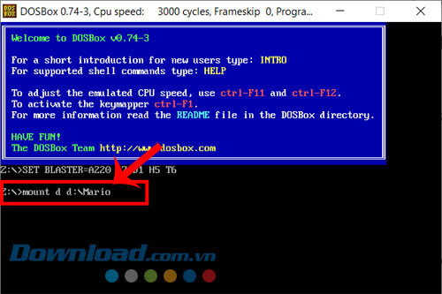 Nhập lệnh “mount d d:\Mario”