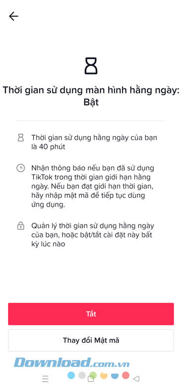 Đã bật giới hạn sử dụng TikTok