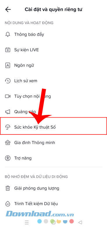 Nhấn vào mục Sức khỏe kỹ thuật số