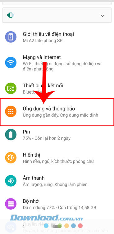 Nhấn vào mục Ứng dụng và thông báo