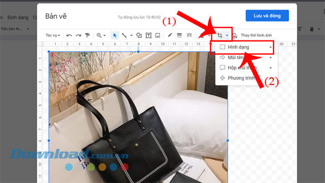 Nhấp chuột vào mục biểu tượng cắt > Nhấn vào mục Hình dạng