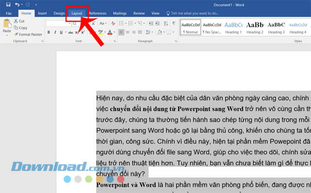 Đôi đen phần văn bản > Nhấn vào mục Layout