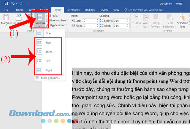Click chuột vào mục Columns > Chọn định dạng Tow, Left, Right