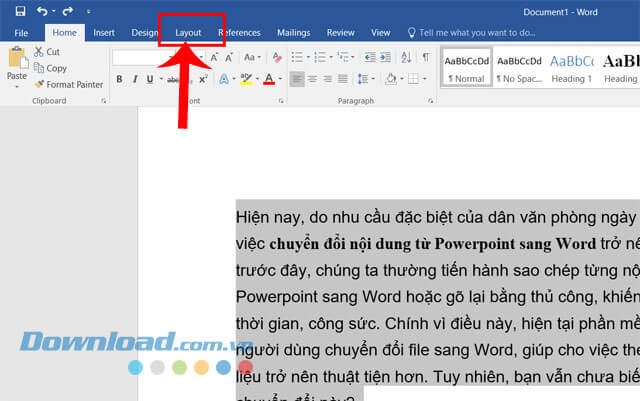 Tiếp tục bôi đen và nhấp chuột vào mục Layout