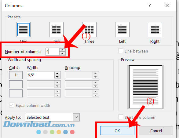 Nhập số cột cần chia vào mục Number of columns