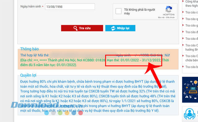 Giá trị thẻ BHYT hiển thị trong mục Hạn thẻ
