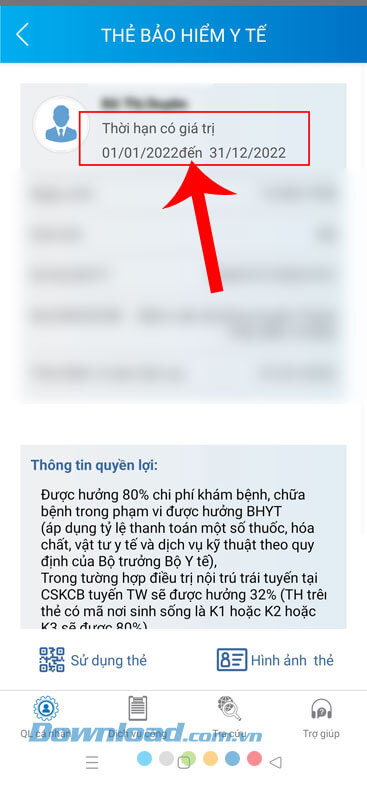 Giá trị thẻ hiển thị phía dưới mục Thời hạn có giá trị